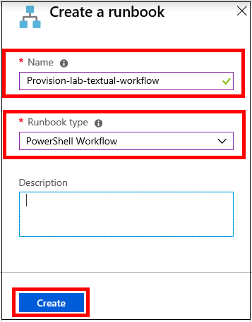 Screenshot of the Create a runbook blade. Three previously described data entry fields are highlighted to illustrate the display elements that require user input, to configure and create a new runbook.